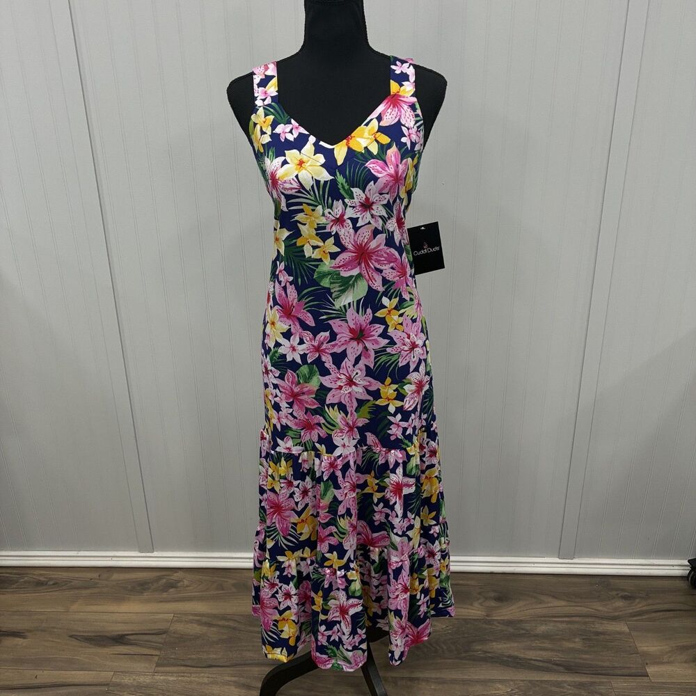 Cuddl Duds Womens S NWT Tropical Floral Tiered Tank Maxi Dress Navy Pink Lily